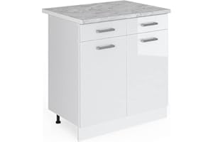 ‎VICCO Vicco Küchenunterschrank R-Line, Schubladenschrank für die Küche, Weiß Hochglanz/Weiß, 80 cm, AP Marmor