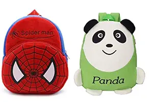 Blue Tree Kids School Bag Soft Plush Backpack Cartoon Bags Combo Mini Travel Bag for for Girls Boys Toddler Baby (Spiderman & Green Panda)