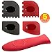 Produktbild xxguo 5-in-1-Set, mittelgroße Silikon-Warmgriff-Halterung + langlebige Grillpfannen-Schaber (2 Stück) + langlebige Pfannenschaber (2 Stück) für Lodge Gusseisen-Pfillets