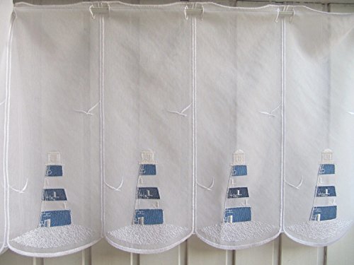 Scheibengardine Weiß Blau Leuchtturm Stick H 45 oder 60 cm / Br. ab 1 Meter, Höhe:45 - 2