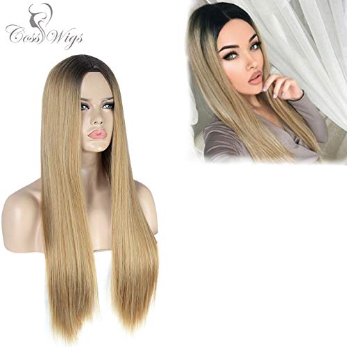 Cosswigs Ombre Blonde Wig for Women Synthetic None Lace Wig for Christmas Black Roots Honey Blonde Long Straight Wigs Middle Part Heat Resistant 22inches
