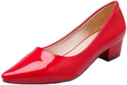 Odomolor Women's Pull-On Patent Leather Closed-Toe Low-Heels Solid Court Shoes, Red, 38