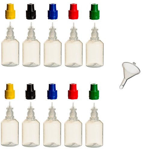 10 Stück 30 ml PP-Flaschen MIT FARBIGEN DECKELN + Füll-Trichter - Quetschflasche Leerflasche Kunststofflasche Plastikflasche Spritzflasche quetschbar zum befüllen und mischen auch Liquide