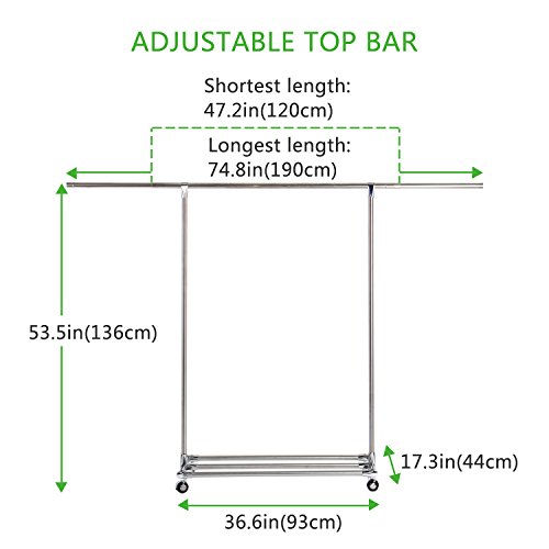Lifewit Garderobenständer mit Rollen, Ausziehbar Kleiderstange Kleiderständer, Stabile Rollgarderobe Standgarderobe, Wäschetrockner Standtrockner, Edelstahl - 3