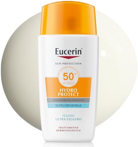 Eucerin Hydro Protect Fluido Ultra Leggero SPF 50+ 50 ml, Crema solare viso 50+ con filtri UVA/UVB, Protezione solare viso 50+ in fluido extra leggero adatto per per tutti i tipi ti pelle