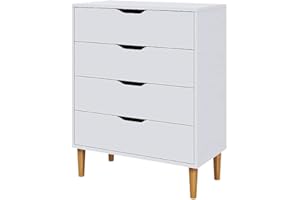 Panana Chest of Drawers, Wood 4 Drawers Cabinet Storage Organiser Unit with Wooden Legs for Living Room Bedroom Hallway (White)