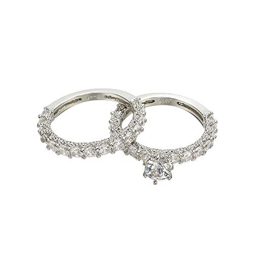 Anglewolf Silver Dazzling Round-Cut Simulated Diamond Stunning Wedding Engagement Bridal Ring Round Cut Crystals Women White Set Jewelry Gift