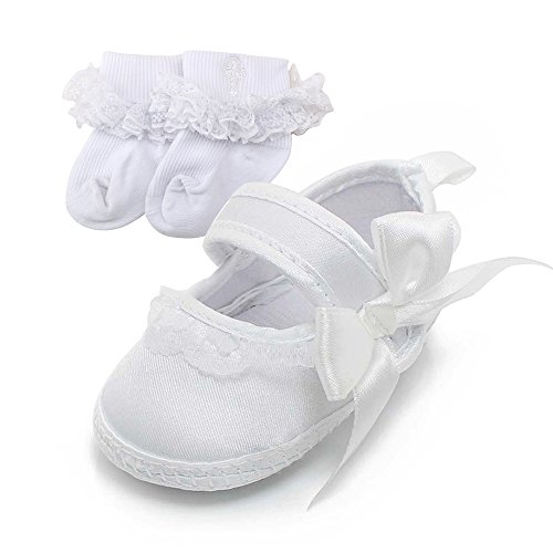 DELEBAO Scarpe Primi Passi Scarpe Battesimo Bimba Bianche Scarpe da Neonato Morbido (Scarpe&Calzini,0-6 Mesi)