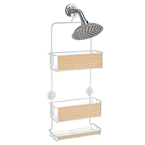 mDesign Hängeregal für die Dusche – Duschregal ohne Bohren – einfach einhängen – Duschkorb mit Ablagen und Haken für Shampoo, Conditioner, Seife etc. – weiß/helles Holz - 4