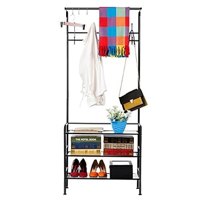 LANGRIA Portemanteau avec Rangement Chaussures Meuble d’Entrée 3 Paniers Vestiaire en Métal Rangement Polyvalent 11 Crochets pour Maison Bureau Chambre SDB, Capacité Maximale 40 kg, Noir