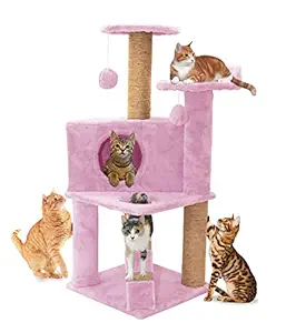 Mellifluous Soft Fur Condo Activity Cat Tree - Natural Sisal Rope, Scratching Post, Hanging Balls for Cats and Kittens (Height 42 inch) (Pink)