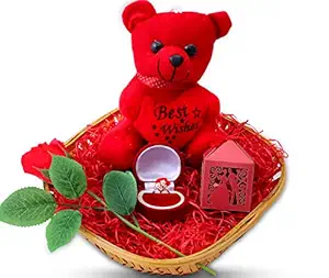 Valentines Day Gift for Boyfriend/Girlfriend/Valentines Day Chocolate Gift-Decorated Basket+Chocolate Box+Teddy Bear+Artificial Rose+Ring with Box+Valentines Card