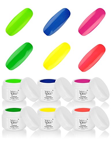 Vylet-Nails Premium 6er Farbgel Set Neon - Nageldesign UV Gel-Set Color-Gel Starterset und Nagelset Pink Rot Gelb Hell-Grün Blau Dunkel-Grün, mittelviskos, UV geeignet, säurefrei