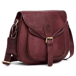 J WILSON London - Designer Genuine Real Distressed Retro Vintage Hunter Leather Handmade Women Ladies Unisex Flapover Gypsy Festival Travel Satchel Everyday Crossover Work iPad (Vintage Purple)