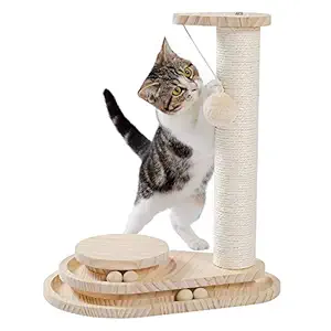 Made4Pets Wooden Cat Scratcher Toy Two-Layer Teardrop Interactive Track Ball Turntable with Scratching Post and Dangling Ball for Cat Beige