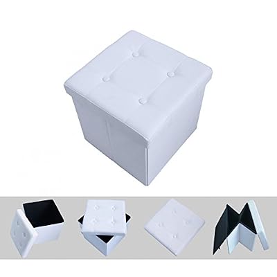 Todeco Pouf de rangement pliable simili cuir blanc élégant 38 x 38 cm