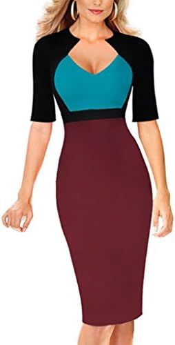 Mineroad Women V Neck Casual Knee Length Mixed Color Splice Elegant Stretch Slim Pencil Dress Blue-Wine Red 02 UK 16
