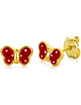 Miore Ohrringe Mädchen / Kinder/  jugend, Schmuck Gelbgold Ohrstecker Schmetterling Emaille Rot 9 Karat / 375...
