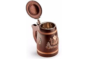 NOVECRAFTO - Jarra de cerveza de madera con tapa - Hecho a mano de roble genuino con capacidad de 0,5 l, inserto de acero inoxidable, excelente jarra de cerveza medieval de madera, regalo para