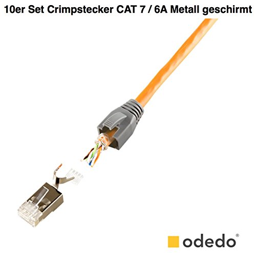odedo® 10er Pack Crimpstecker grau CAT 7, CAT 7A, CAT 6A für Verlegekabel bis 8mm, 10 GBit Gigabit Ethernet, für starre oder flexible Adern 1.2mm bis 1.45mm, RJ45 Stecker Metall geschirmt mit Einfädelhilfe und Knickschutz, Crimp Stecker Netzwerk Lankabel RJ45 Kat 7, 7A, 6A, nicht für dünne CAT 5 Kabel geeignet. Modular Plug shielded Connector with Insert - 2