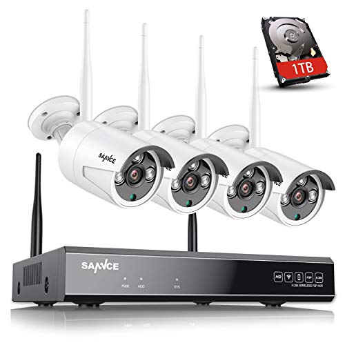 SANNCE Kit de Videovigilancia Inalámbrica 1080P NVR WiFi y 4 Cámaras de Seguridad (Onvif H.264 CCTV 8CH NVR y 4 cámaras 1.3MP)-1TB Disco Duro de vigilancia