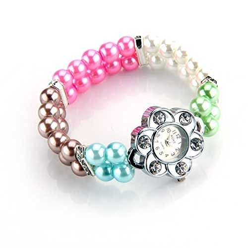 skyllcMetal Crystal Rhinestone Pearl Bead Bracelet Stretch Elastic Wrist Watch Fashion