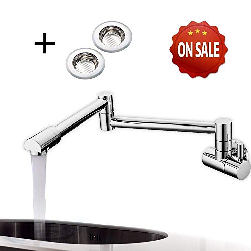 Grifo de la cocina, pulido latón, de pared grifo plegable grifo de llenador de pote juntas dobles Boquilla giratoria de 360° grifo de frio(el colador del fregadero 2pcs como regalo)