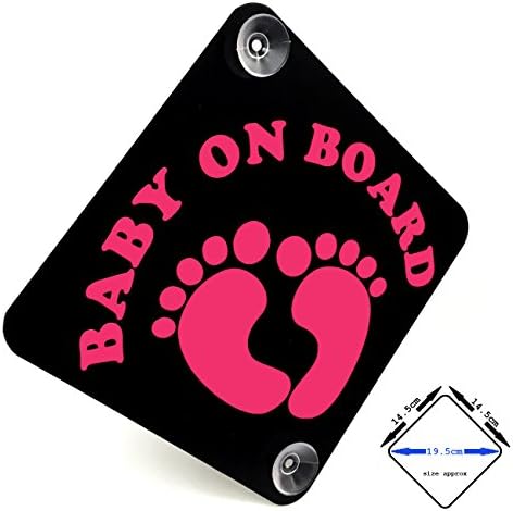 BABY ON BOARD car sign with suction cups - cute baby feet (SUPER BRIGHT - fluorescent pink / matt black)