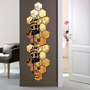 Bikri Kendra - Hexagon Wall Decor 24 Golden 3D Acrylic Mirror Wall Stickers