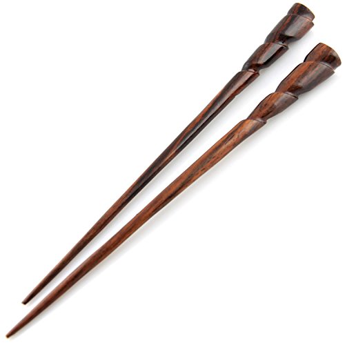 Evolatree - Pair Of Hand Carved Wide Cut Spiral Sono Wood High Gloss Hair Chopsticks - 7.5"