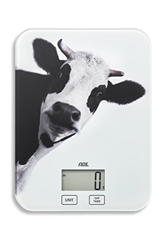 ADE Digitale Küchenwaage KE 1603 Inka. Elektronische Waage mit Lifestyle-Print Kuh, präzise wiegen bis 5 kg, Zuwiegefunktion Tara, LCD-Display, Sensor-Touch, Abschaltautomatik, inklusive Batterie