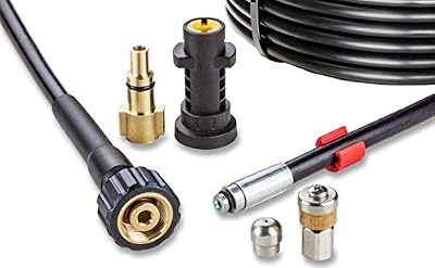 Knofer Tuyau Déboucheur Canalisation pour Nettoyeur Haute Pression 30m, 200 bar - Kit Furet compatible avec Karcher, Parkside, Lavor, Bosch Professional - avec Buse Fixe, Buse Rotative KNOFER