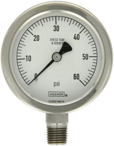 NOSHOK 400 Series All Stainless Steel Dry/Fillable Dial Indicating Pressure Gauge with Bottom Mount, 4" Dial, +/-1.0% Accuracy, -30 inHg-0-30 psi Pressure Range