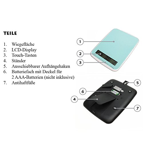 XL Multifunktions Küchenwaage mit Glasoberfläche, wiegt bis 10Kg, Touchbedienfeld, blau - 4