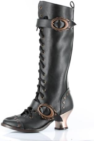 Thundra Polyurethane Vintage Retro Lace Up Knee Boots w/ Buckles &amp; ABS Heel-Women's Sz 10 Black / UK:SIZE 8