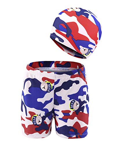 Happy Cherry Boxer de Bain Enfant Garçon Set de 2 pcs Short de Bain+ Bonnet de Bain Natation Enfant Slip de Bain Imprimé Swimwear pour Ecole Plage Piscine 5 Couleurs 3-11 Ans