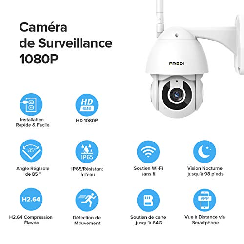 Caméra Surveillance Extérieure WiFi de Sécurité, FREDI Dôme Caméra de Surveillance WiFi HD 1080p,Audio Bidirectionnel, Vision Nocturne, IP65 Etanche,(Carte SD Non fournie)