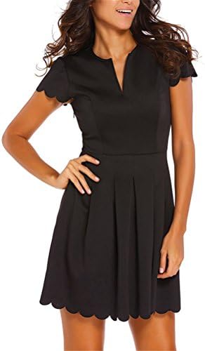 iKneu Womens V Neck Sweet Scallop Pleated Skater Dress Vintage Ruched Party Cocktail Dress UK22635-Black-S