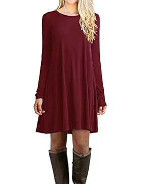 POSESHE Damen Mini kleid Rundhals Langarm Ärmel Stretch Basic Kleider