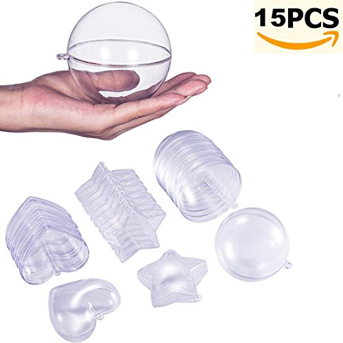 Ailiebhaus 15er Set Weihnachtskugeln transparent Verzierung Dekoration DIY Kunststoff-Kugel Ornament,80mm 5*Herz, 5*Sterns, 5*Balls