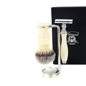 3 Piece Shaving Set DE Safety Razor,Syntactic Hair Brush in Ivory Colour & Stand - Image 5