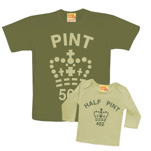 Father And Son / Child Pint & Half Pint Matching Coordinating Organic Cotton Tshirt Tops in Army Green & Toffee (Adult L (43" chest) Child 2-3 years)