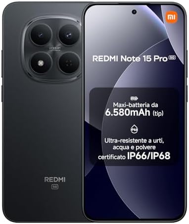 XIAOMI Redmi Note 15 Pro 5G, Smartphone 8+256GB, Batteria massiccia da 6580 mAh, IP66/IP68, Nuova fotocamera 200 MP, Display AMOLED da 6,83", Nero, Garanzia 2 anni, Caricatore non incluso