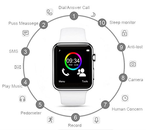 Orologio collegato per smartphone Android, Apple Ios e Windows Bluetooth 4.0Â Smart Watch con supporto SIM Card e fitness tracker Function
