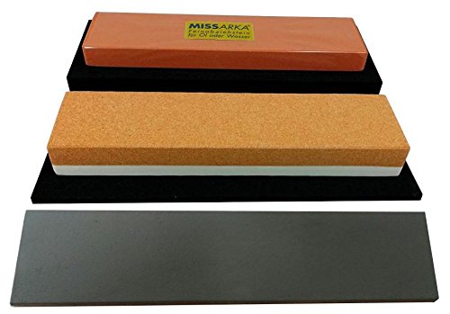 Schärf-Set für Messer / 4L / Kombistein Korund + MissArkaUltra + behandeltes Abziehleder und rutschfeste Schleifstein-Unterlagen