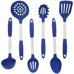 Bleu Set d'Ustensiles de Cuisine - Ustensiles de Cuisine en Acier Inoxydable & Silicone - Spatule, Cuillère à Mélanger & Cuillère Trouée, Louche, Fourchette à Pâtes, Égouttoir 