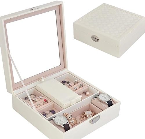 GZXCPC Modern square Jewelery box Jewelery storage made of leather and wood, with 2 levels, snap lock and built-in mirror, many colors , white