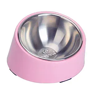 SUPER Design Detachable Stainless Steel Food Bowl with 15 Degree Slanted Anti-Skid Melamine Stand, for Dogs and Cats, S, Light Pink