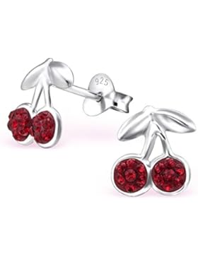 Bungsa© .925 ECHTSILBER Kirschen Ohrstecker für Kinder mit SWAROVSKI® Kristallen (Ohrringe Echtschmuck Studs Ohrschmuck...