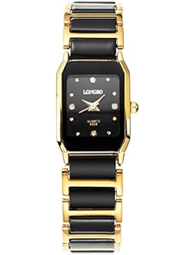 Longbo Luxus Damen Quadratisch Gold Link & Schwarz Keramik Armband Analog Quarz Uhren Casual Armreif Uhr Kristall...
